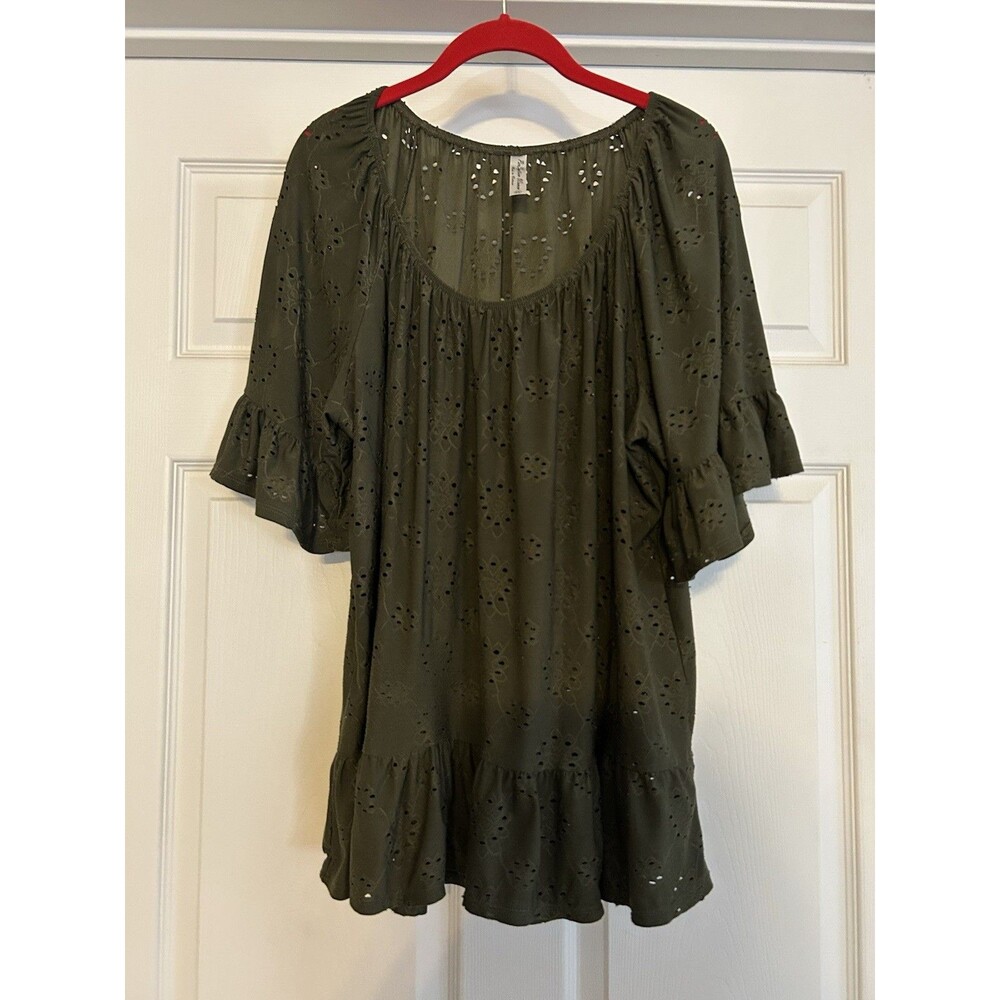 PerSeption Women Olive Green Eyelet Ruffle Tunic Top Plus Size 2X Boho Peasant